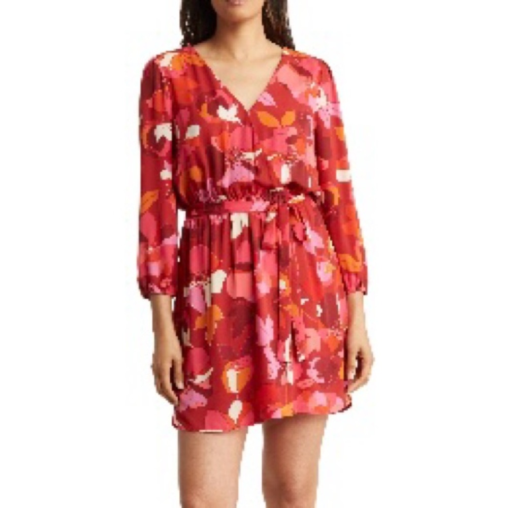 DR2 Vibrant Red and Pink Floral Long Sleeve Dress